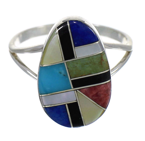 Southwest Multicolor Inlay Authentic Sterling Silver Ring Size 6 QX77831